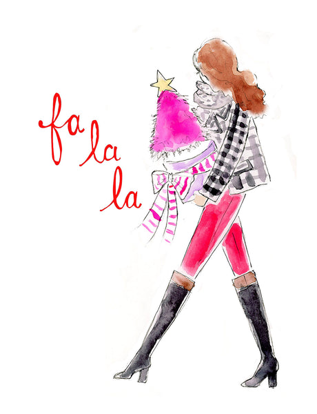 Carrying Christmas Tree "Fa La La" Holiday Card (Ready to Ship)