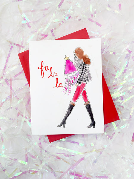 Carrying Christmas Tree "Fa La La" Holiday Card (Ready to Ship)