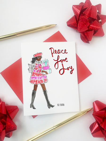 Pre-Order Holiday Card - Peace, Love, Joy. Carrying Christmas Presents