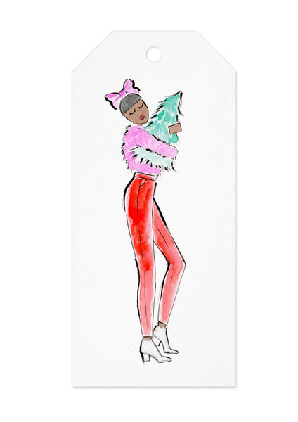 Pink + Red Carrying Christmas Tree Girl Gift Tag