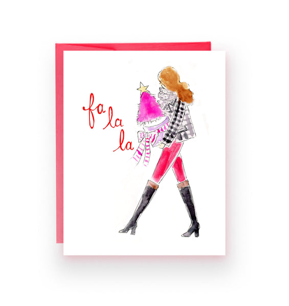 Carrying Christmas Tree "Fa La La" Holiday Card (Ready to Ship)