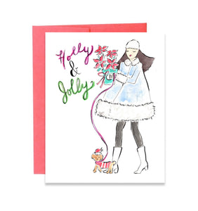 Pre-Order Christmas Card - Holly & Jolly carrying poinsettas