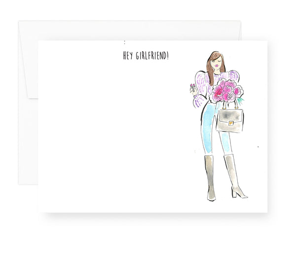 Hey Girlfriend Peonies Note Card Set (brunette) (Ready To Ship)