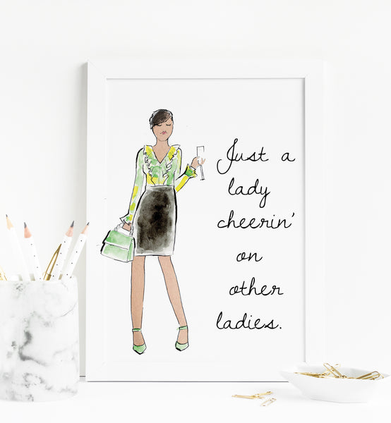 A Lady Cheering Other Ladies Watercolor Art Print